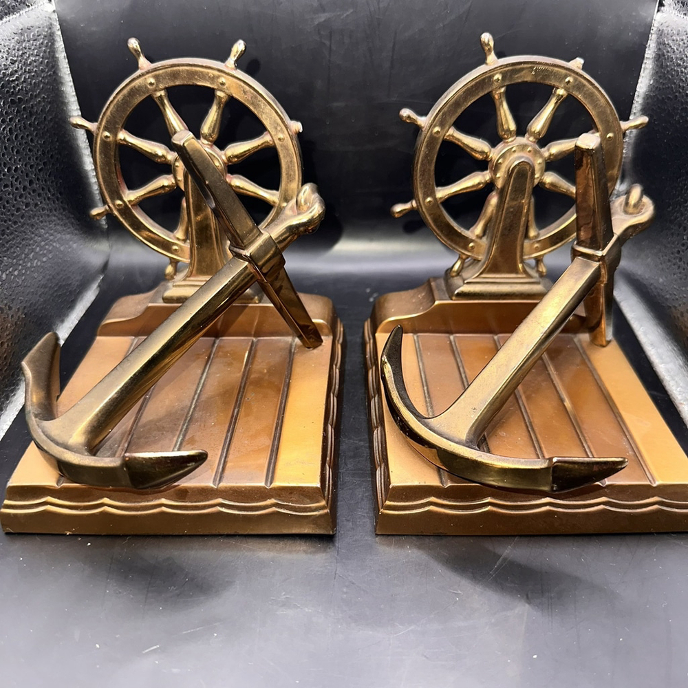 Antique Ronson Art Metal Brass Bookends Nautical Anchor Ship Wheel (Flaws)